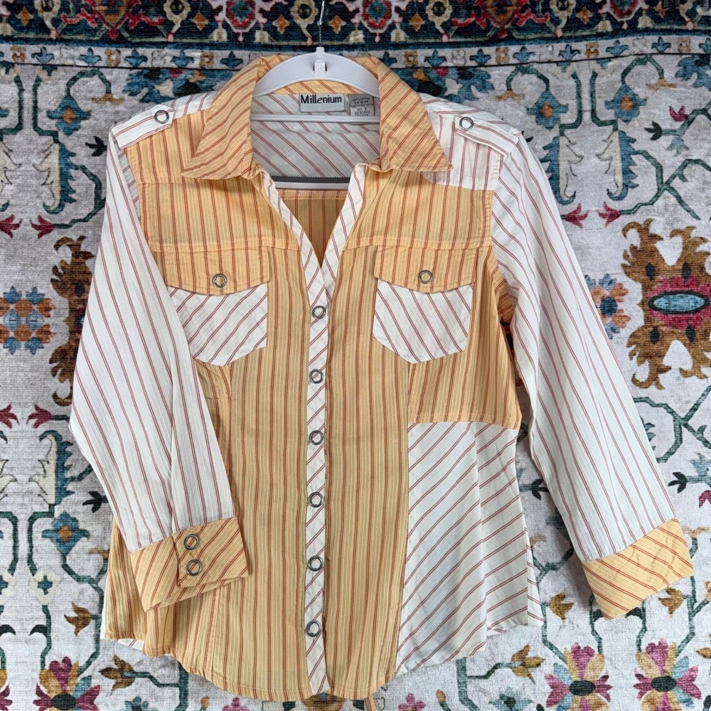 Millenium Womens Orange White Striped Patchwork Snap Front Tie‎ Back Shirt S